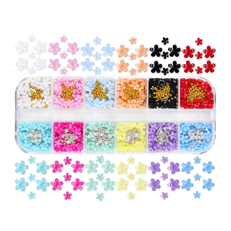 Wholesale Petal Nail Art Ornament 12 Box Resin Flower Ornament Set with Gold and Silver Beads