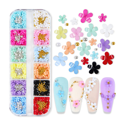 Wholesale Petal Nail Art Ornament 12 Box Resin Flower Ornament Set with Gold and Silver Beads